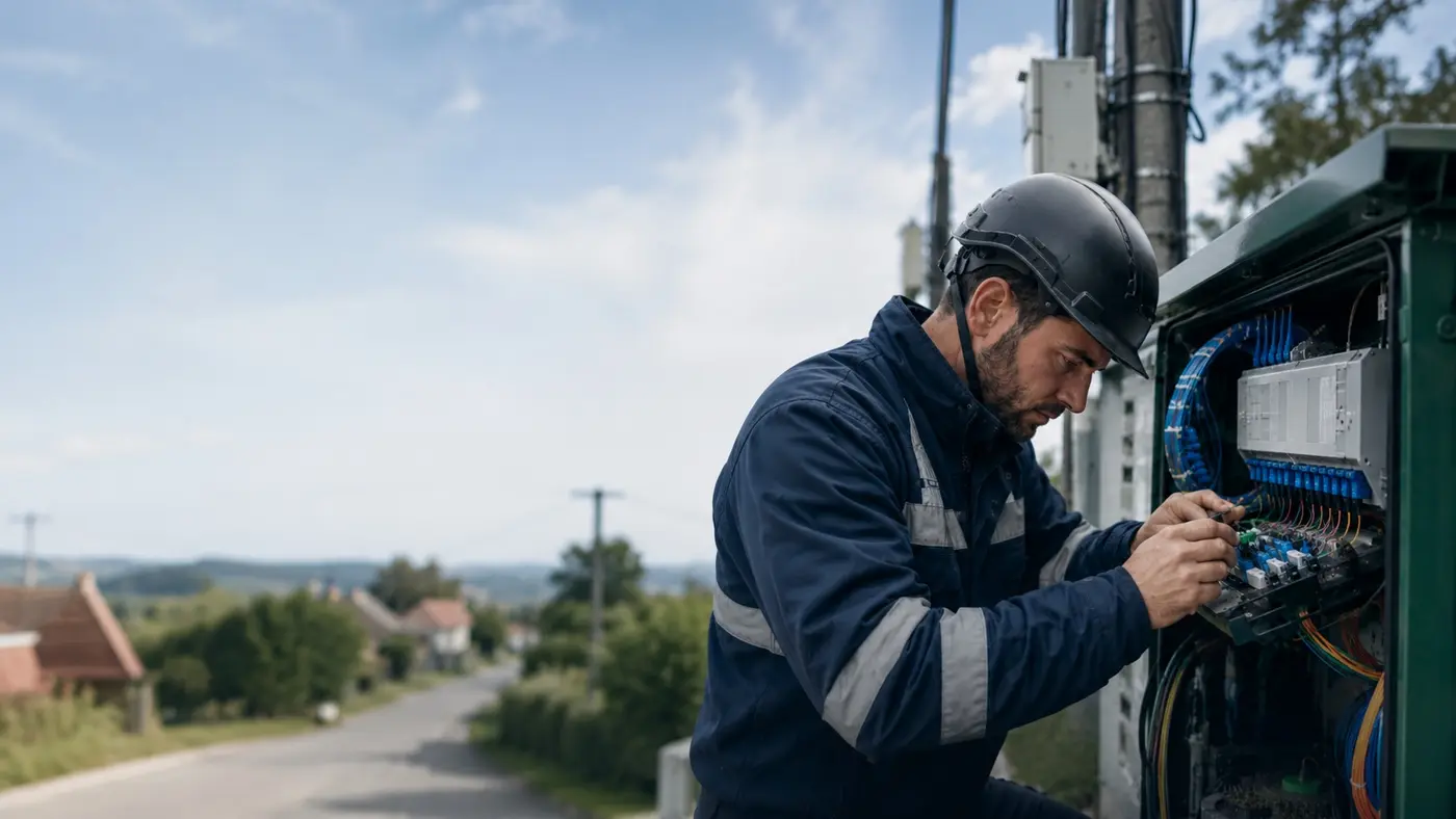 Technicien intervenant sur une infrastructure de fibre optique