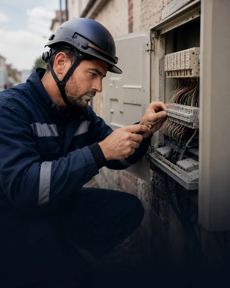 Technicien réalisant un raccordement télécom